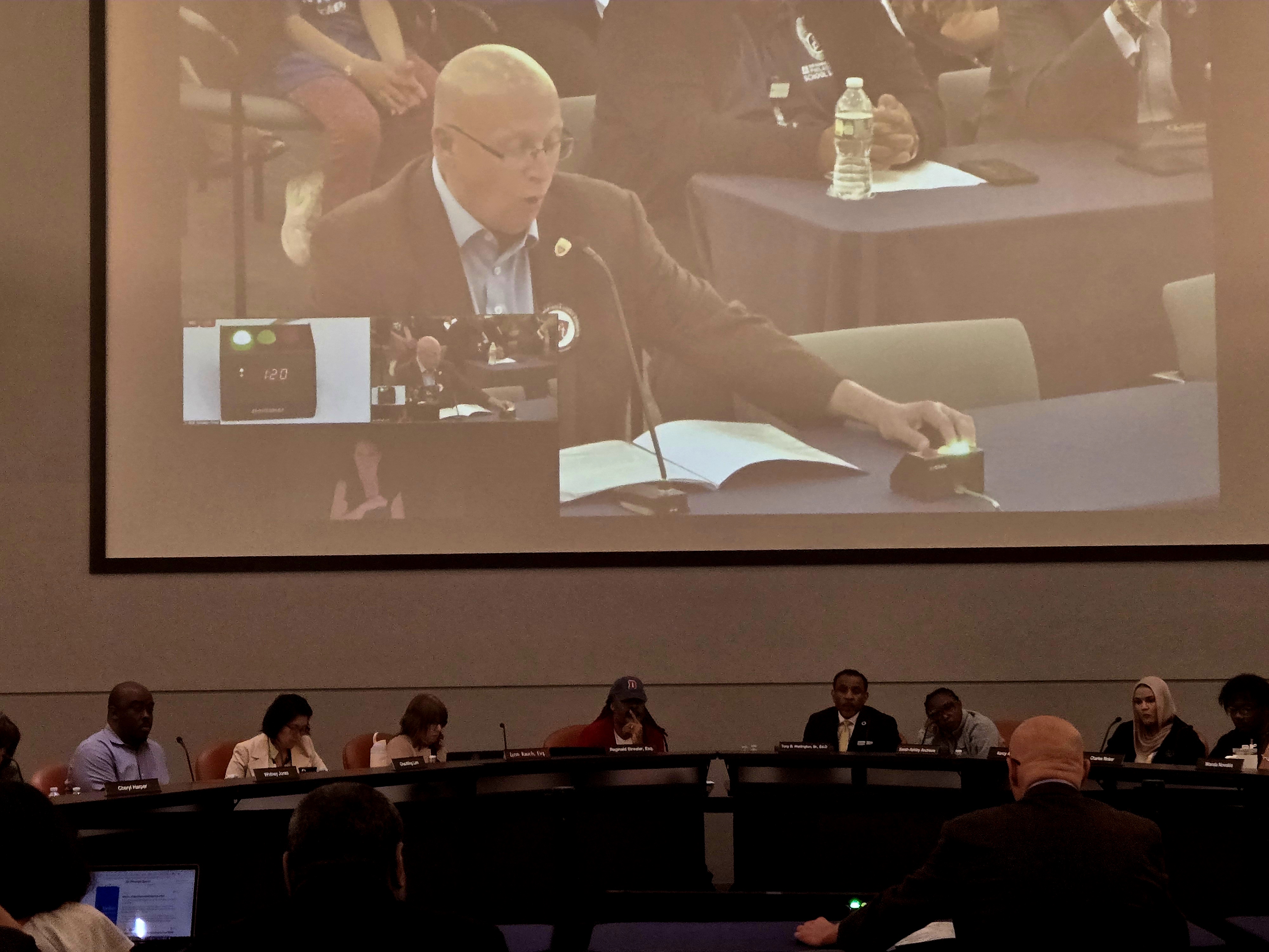 PFT President Arthur Steinberg speaks during a Philadelphia Board of Education meeting.