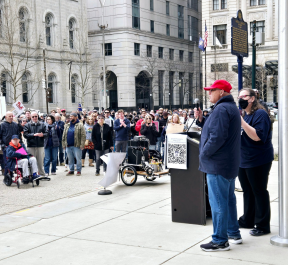 PFT President Arthur Steinberg speaks at a rally protesting the Trump administration's attack on public education.
