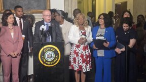 PFT President Arthur G. Steinberg speaks at a press conference celebrating the restoration of 340 school staff positions outside of Council Chambers. 