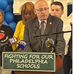 PFT President Arthur Steinberg speaks at a press conference